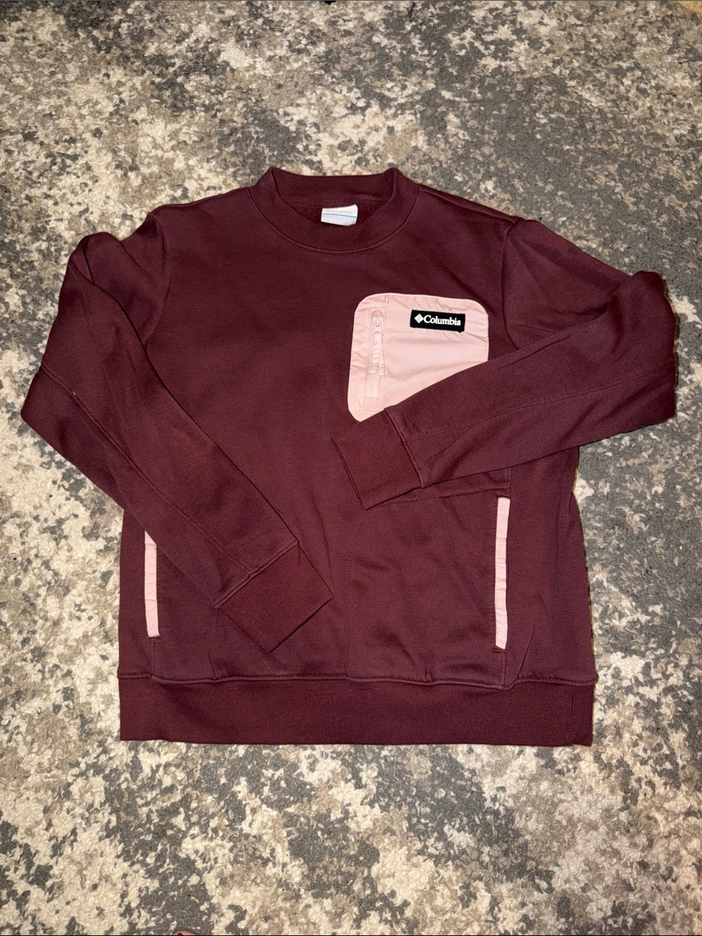 Columbia women’s Maroon Crewneck Sweatshirt with Pink Pocket
